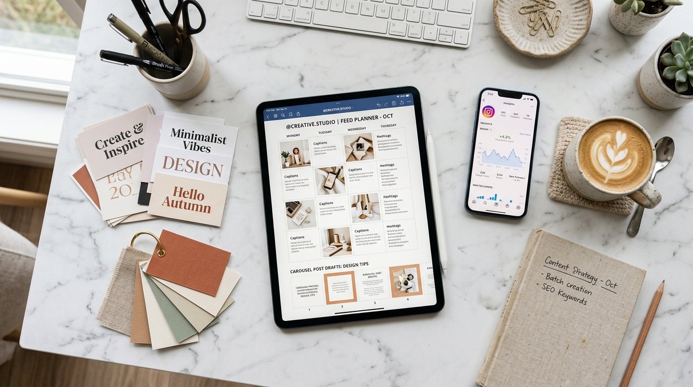 Social media content planning workspace with visual Instagram grid drafts and aesthetic design palettes