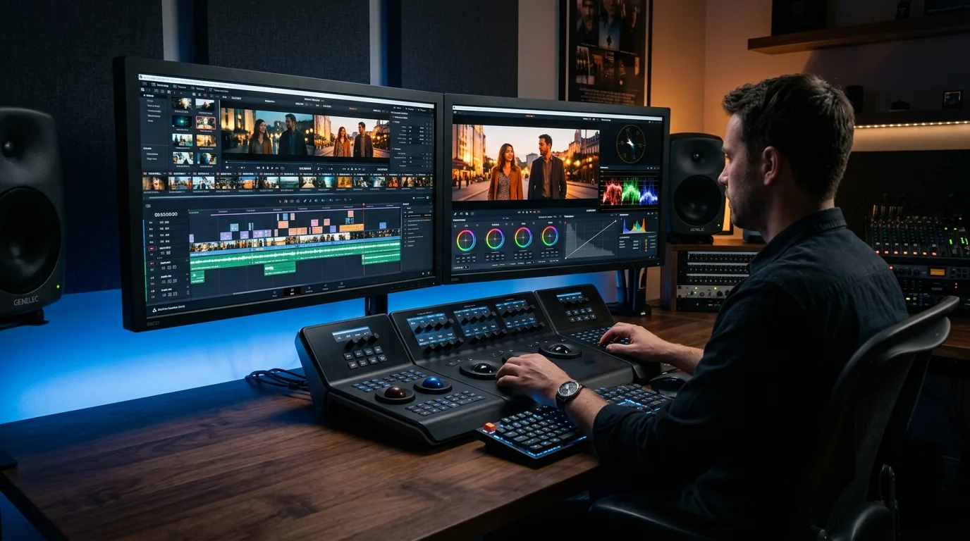Best video editing services near me workstation with multi-screen color grading and timeline post-production
