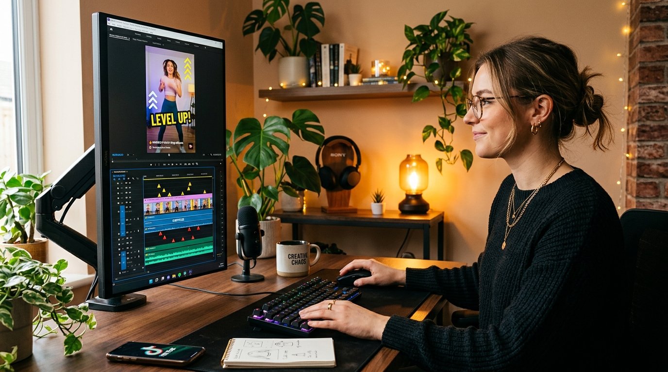 Content creator editing vertical video reels and short-form video content with dynamic captions and animations