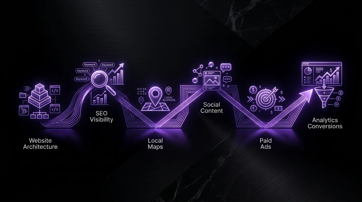 Digital marketing roadmap for small businesses in India — strategic progression path covering website architecture, SEO, local maps, content, ads, and analytics