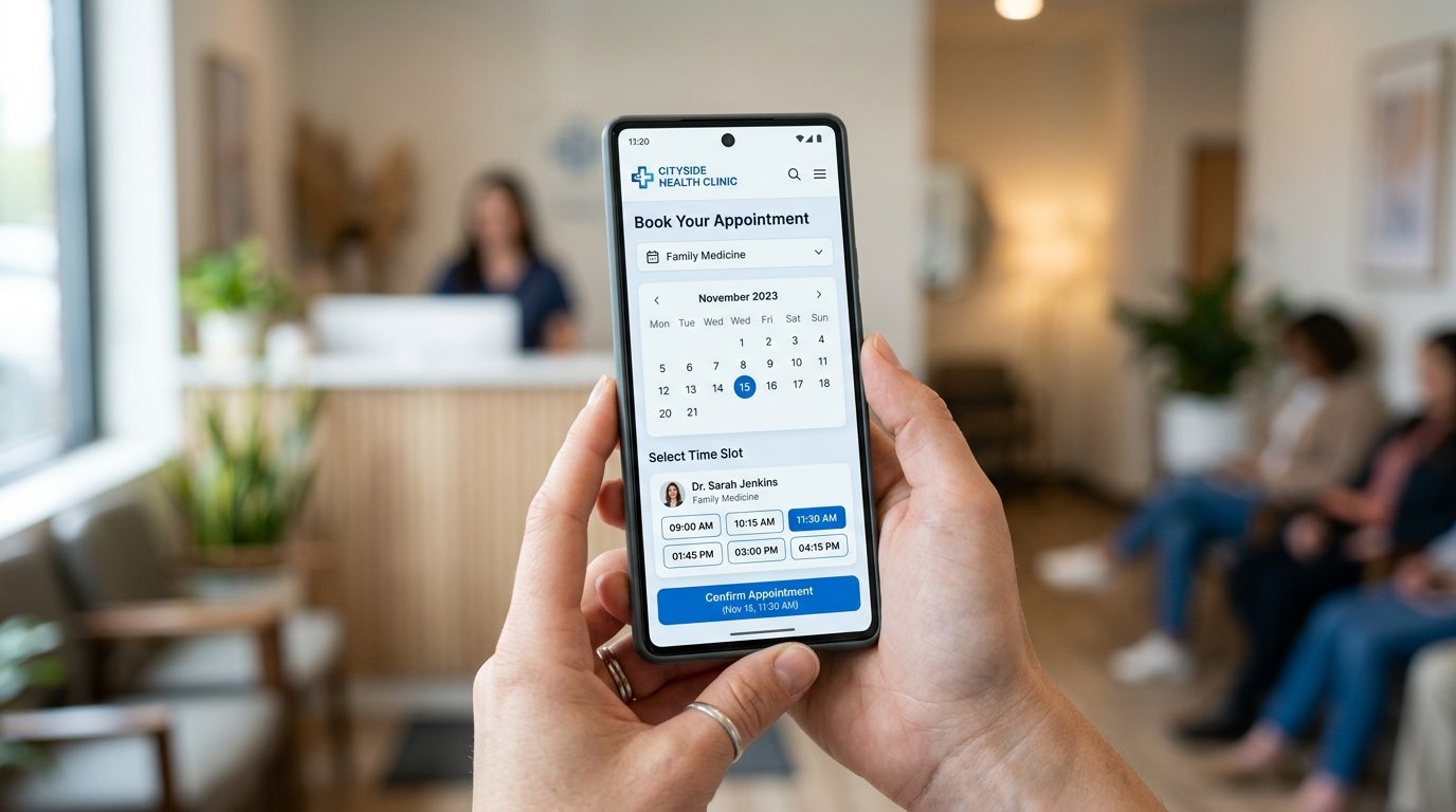 A close-up of a mobile phone displaying seamless patient appointment booking features on a clinic website.