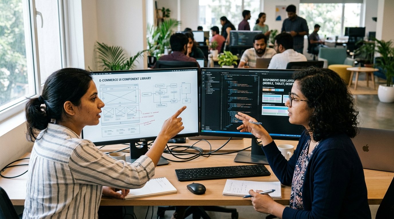 Web designer and developer analyzing custom UI component wireframes and responsive architecture on dual monitors