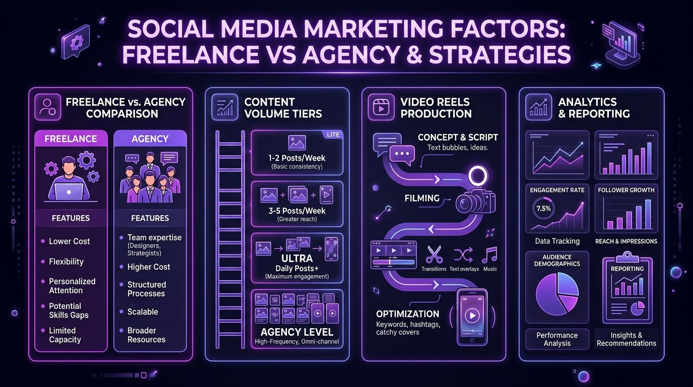 Social media marketing pricing factors comparing freelance vs agency tiers and reels production