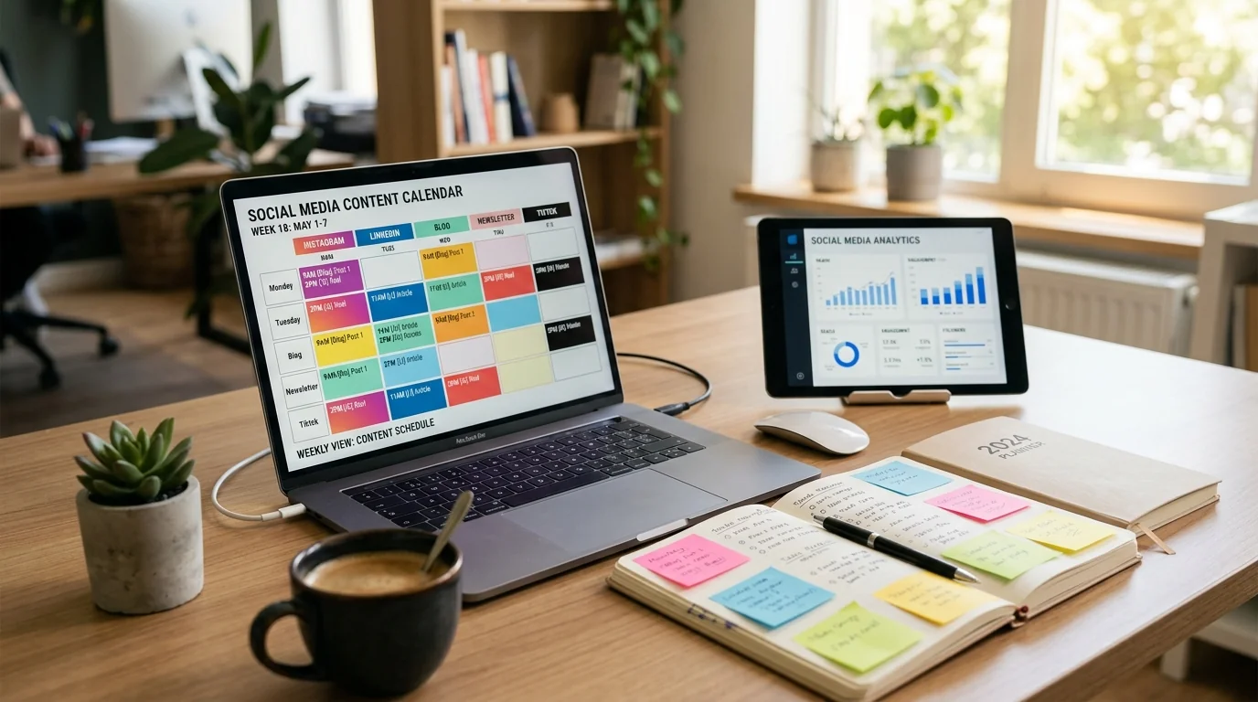 Social media content calendar workspace with laptop showing weekly content schedule, analytics tablet, planner with sticky notes, and coffee on a modern desk