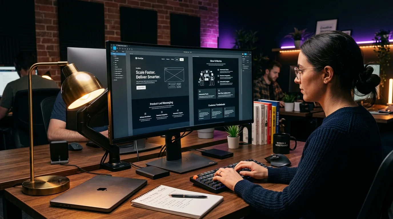 Website copy and conversion messaging wireframe on creative workstation