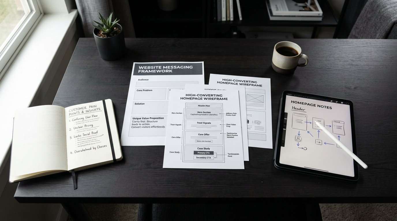 Website messaging framework and homepage wireframe notes