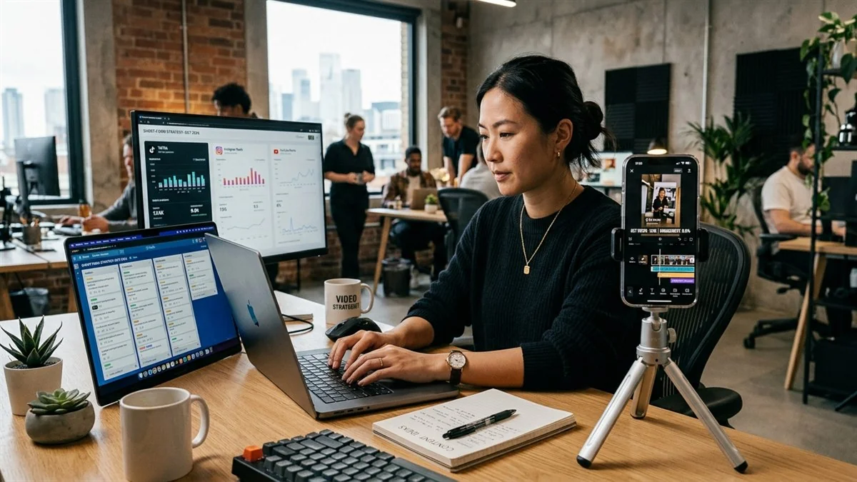 Content strategist planning organic Instagram algorithm reach and Reels distribution analytics on workstation