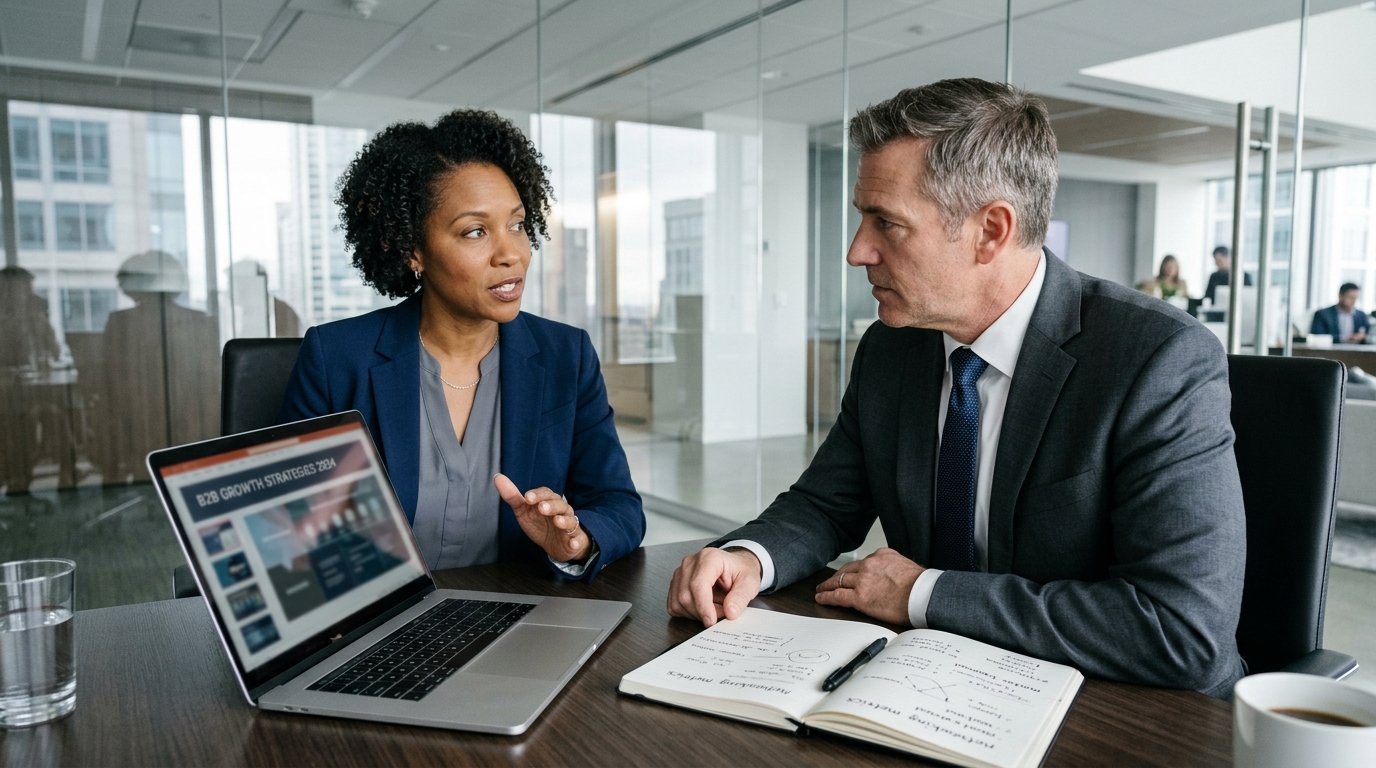 Corporate business consultant and client discussing B2B LinkedIn growth and professional networking strategy in conference room