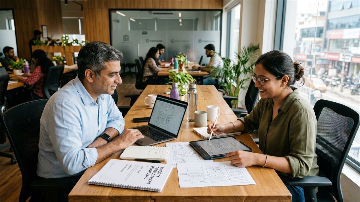 Freelancer vs agency web design comparison in Bangalore - strategy and development team planning website layout