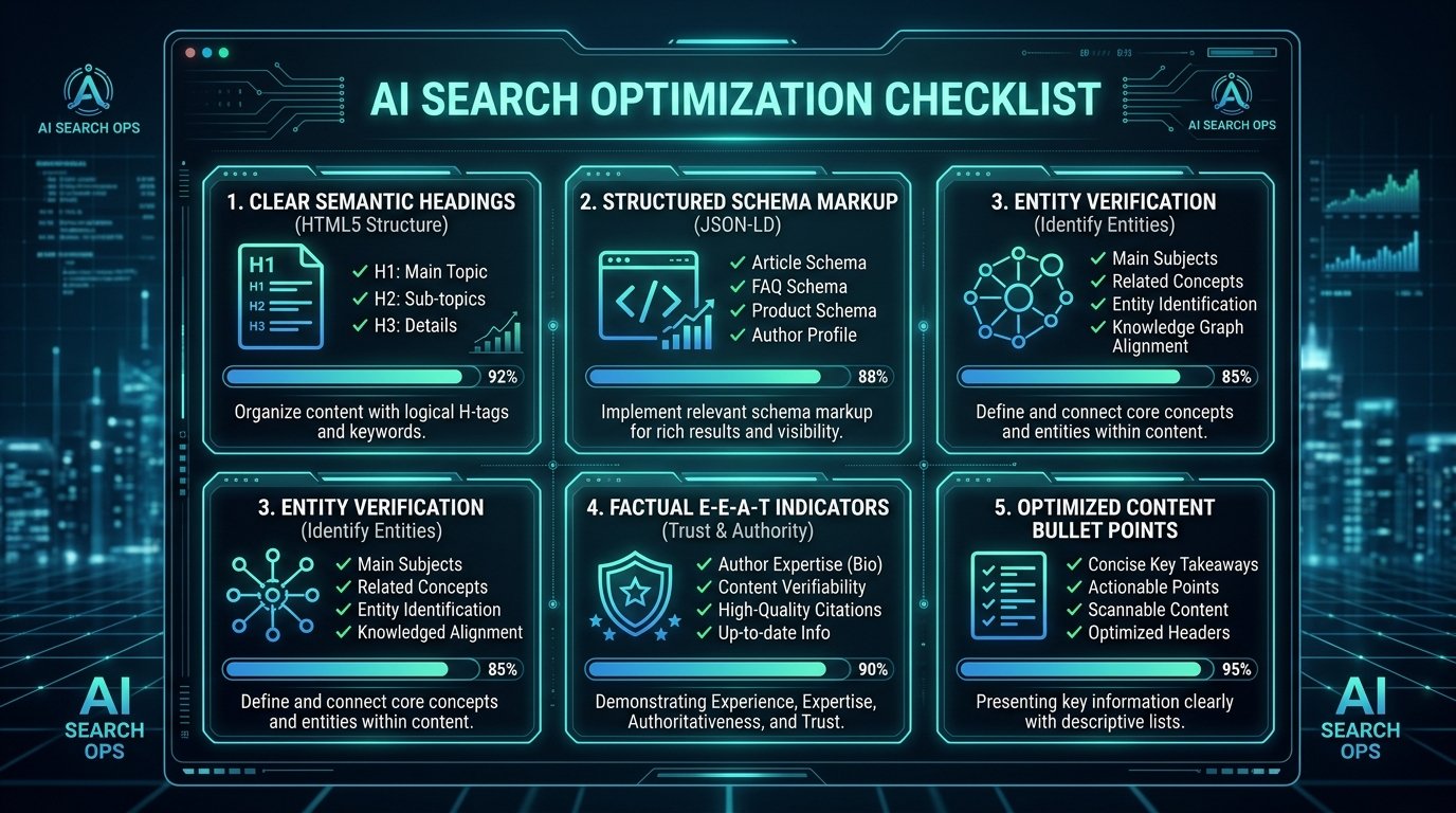 A checklist showing how to optimize for AI search engines using clear headings, bullet points, and factual data.