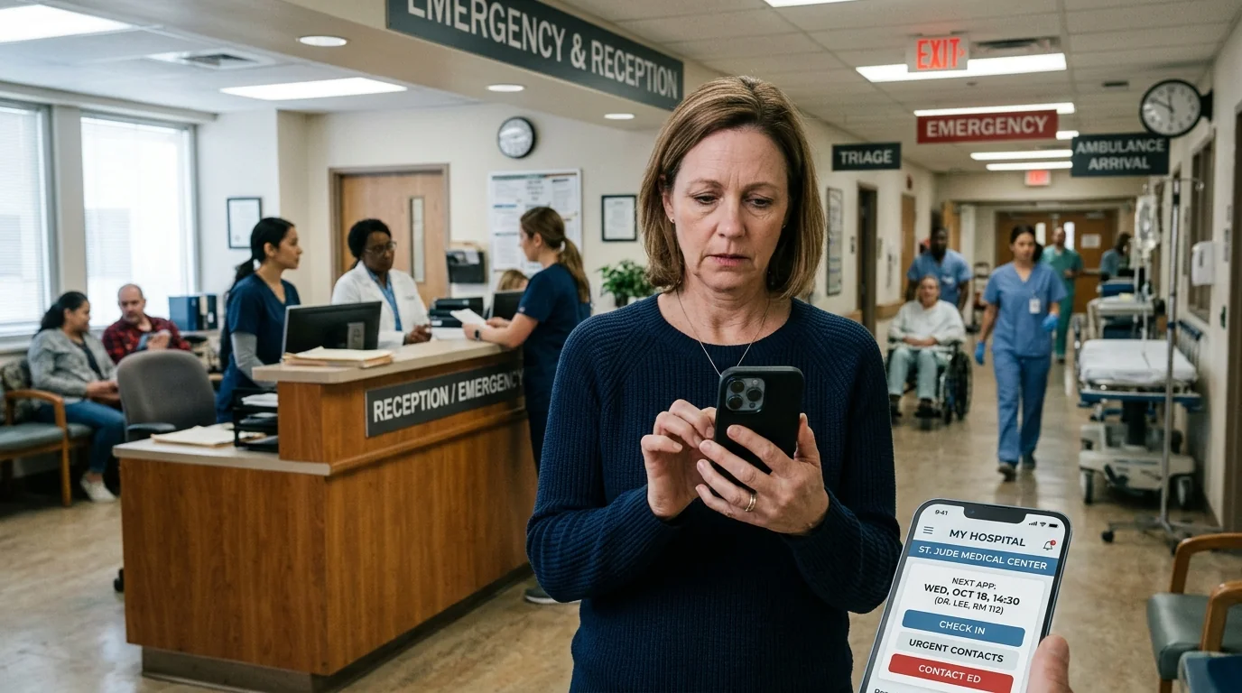 Patient and hospital visitor using a smartphone to navigate a mobile-optimized hospital website and emergency contact system